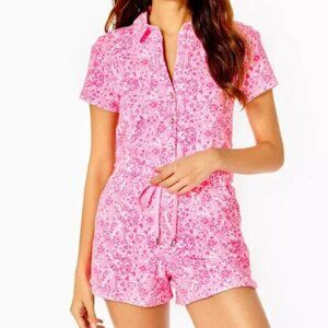 Lilly Pulitzer Jorgie Romper Short-Sleeve Pink Shandy Invest A Gator Floral  S